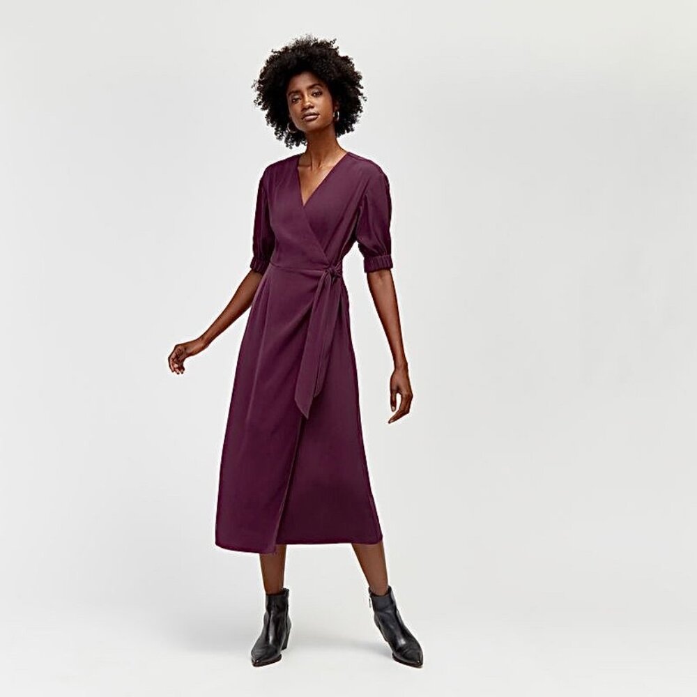 NWT - Warehouse Puff Sleeve Midi Wrap Dress - Fig - Size 4